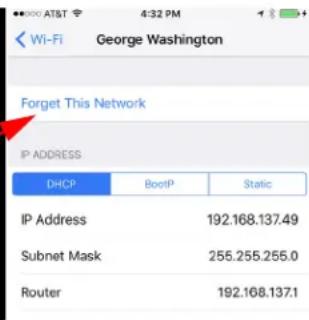 Wi-Fi George Washington Forget This Network IP ADDRESS DHCP BootIP Static IP Address 192.168.137.49 Subnet Mask 255.255.255.0 Router 192.168.137.1