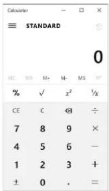Calculator ≡ STANDARD 0 ME M+ M- MS % √ x² 1/x CE C ⊕ ÷ 7 8 9 × 4 5 6 — 1 2 3 + ± 0 . =