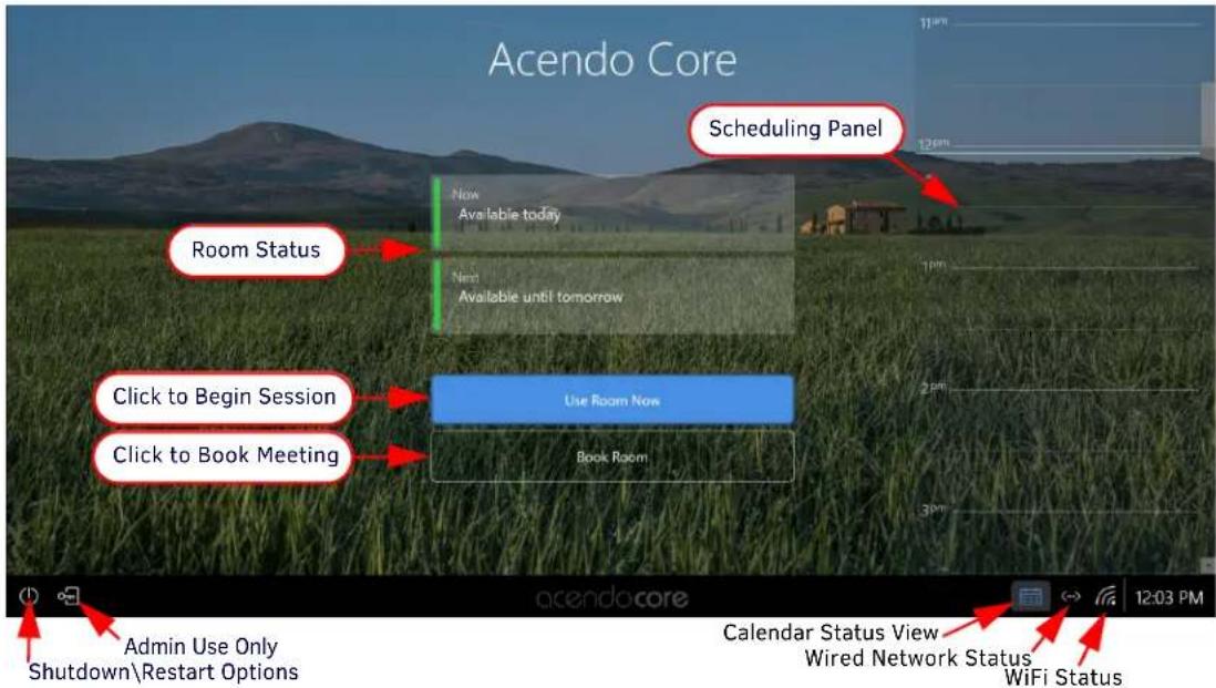 Acendo Core Scheduling Panel Now Available today New Available until tomorrow Room Status 1pm 2pm 3pm Click to Begin Session Use Room Now Book Room Click to Book Meeting Admin Use Only Shutdown\Restart Options Calendar Status View Wired Network Status WiFi Status 12:03 PM acendo core