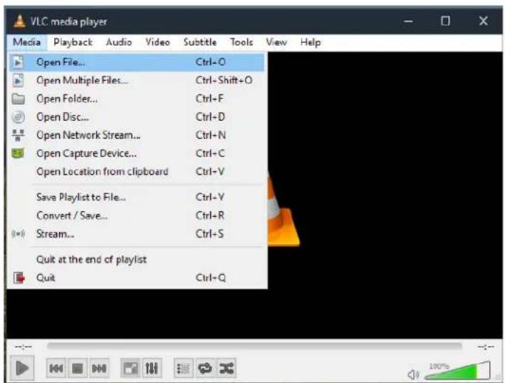 VLC media player Media Playback Audio Video Subtitle Tools View Help Open File... Ctrl-O Open Multiple Files... Ctrl-Shift+O Open Folder... Ctrl-F Open Disc... Ctrl-D Open Network Stream... Ctrl-N Open Capture Device... Ctrl-C Open Location from clipboard Ctrl-V Save Playlist to File... Ctrl-V Convert / Save... Ctrl-R Stream... Ctrl-S Quit at the end of playlist Quit Ctrl-Q
