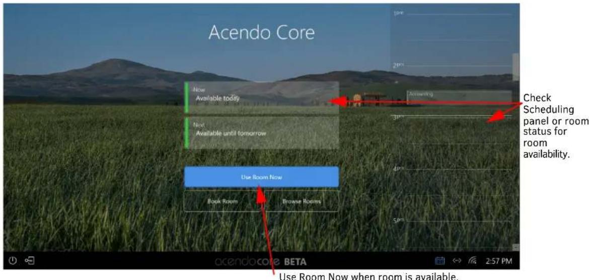Acendo Core Now Available today Next Available until tomorrow Use Room Now Book Room Browse Rooms Accounting Check Scheduling panel or room status for room availability. 5PM 5PM acendocore BETA 2:57 PM Use Room Now when room is available.