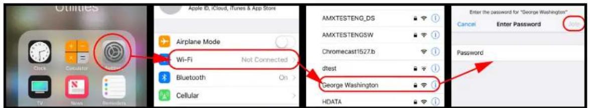 Utilities Apple ID, iCloud, iTunes & App Store Airplane Mode Wi-Fi Not Connected > Bluetooth On > Cellular > AMXTESTENG_DS AMXTESTENGSW Chromecast1527.b dtest George Washington HDATA Enter the password for "George Washington" Cancel Enter Password Password