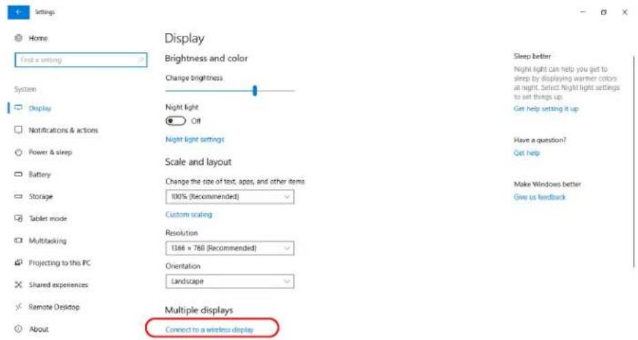 Settings Home Find a setting System Display Notifications & actions Power & sleep Battery Storage Tablet mode Multidasking Projecting to this PC Shared experiences Remote Desktop About Display Brightness and color Change brightness Night light Off Night light settings Scale and layout Change the size of text, apps, and other items 100% (Recommended) Custom scaling Resolution 1366 x 768 (Recommended) Orientation Landscape Multiple displays Connect to a wireless display Sleep better Night light can help you get to sleep by displaying warmer colors at night. Select Night light settings to set things up. Get help setting it up Have a question? Get help Make Windows better Give us feedback