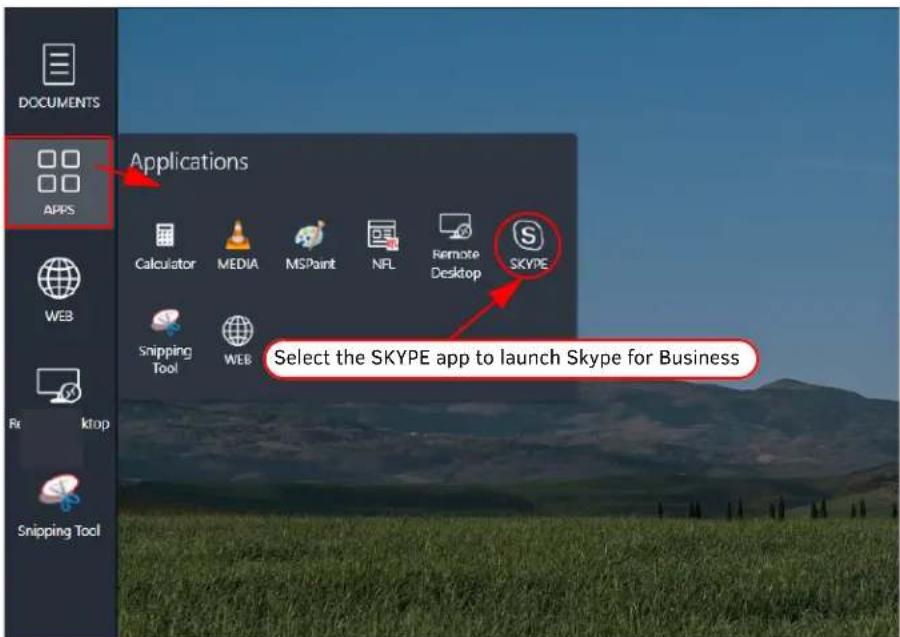 DOCUMENTS Applications APP5 Calculator MEDIA MSPaint NFL Remote Desktop SKYPE Web Snipping Tool WEB Select the SKYPE app to launch Skype for Business Re kip Snipping Tool