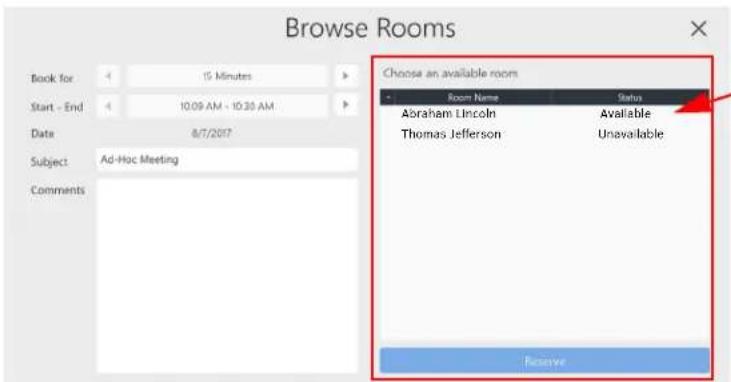 Browse Rooms Choose an available room Room Name Status Abraham Lincoln Available Thomas Jefferson Unavailable Subject Ad-Hoc Meeting Comments Receive