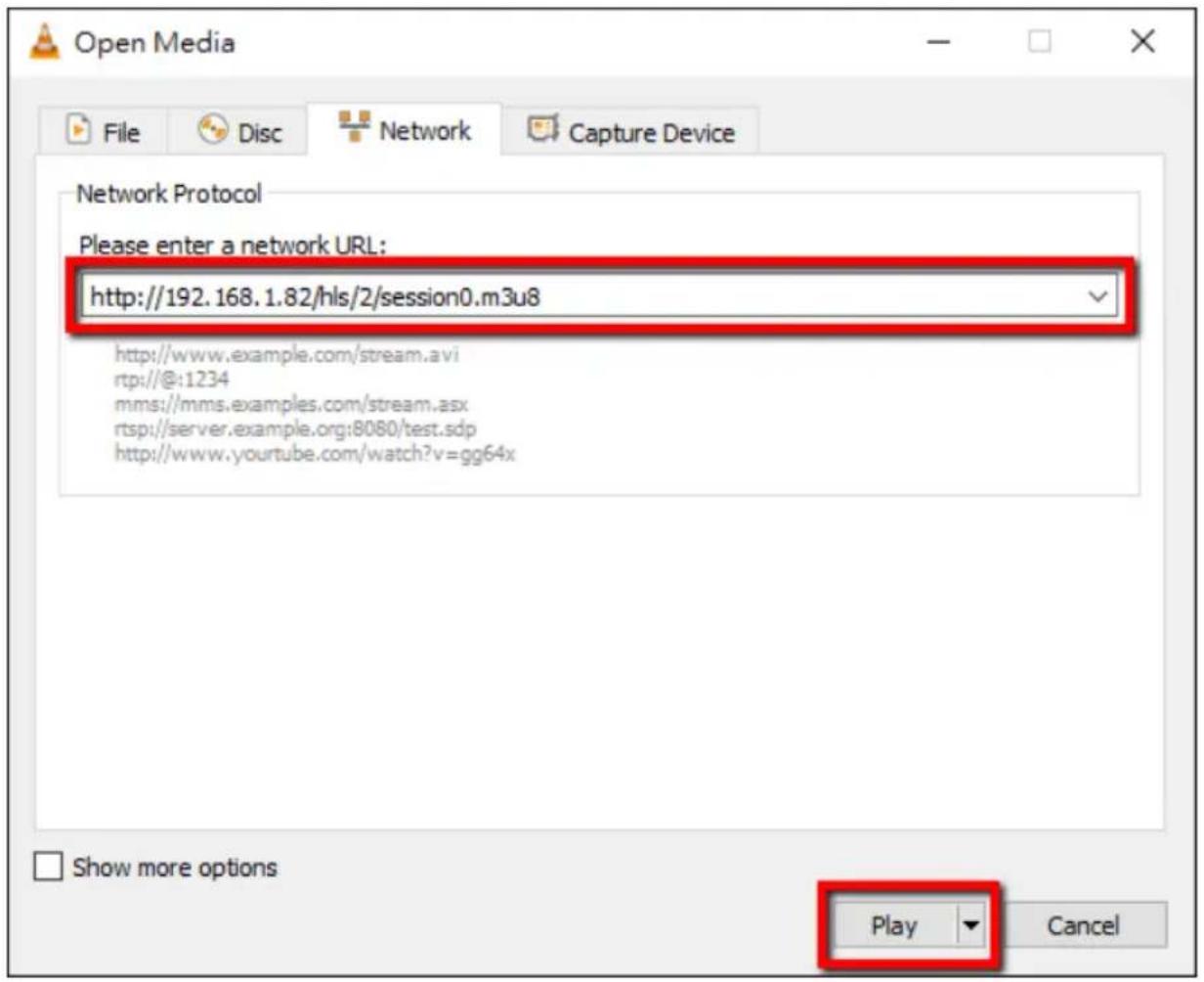 Open Media File Disc Network Capture Device Network Protocol Please enter a network URL: http://192.168.1.82/hls/2/session0.m3u8 http://www.example.com/stream.avi rtp://@:1234 mms://mms.examples.com/stream.asx rtsp://server.example.org:8080/test.sdp http://www.yourtube.com/watch?v=gg64x Show more options Play Cancel