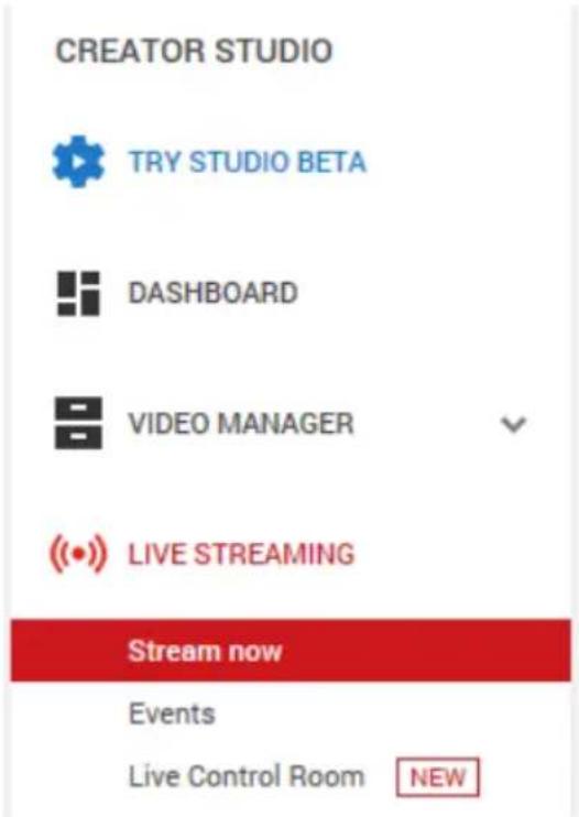 CREATOR STUDIO TRY STUDIO BETA DASHBOARD VIDEO MANAGER LIVE STREAMING Stream now Events Live Control Room NEW