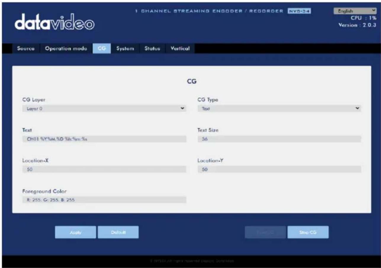 datavideo 1 CHANNEL STREAMING ENODDER / RECORDER NV5-34 English CPU : 1% Version : 2.0.3 Source Operation mode CG System Status Vertical CG CG Layer CG Type Layer 0 Text Text Text Size CH01 %Y,%M,%D %In,%m-%s 36 Location-X Location-Y 50 50 Foreground Color R: 255, G: 255, B: 255 Apply Default Stop CG © NPSDA AB rights reserved design complete