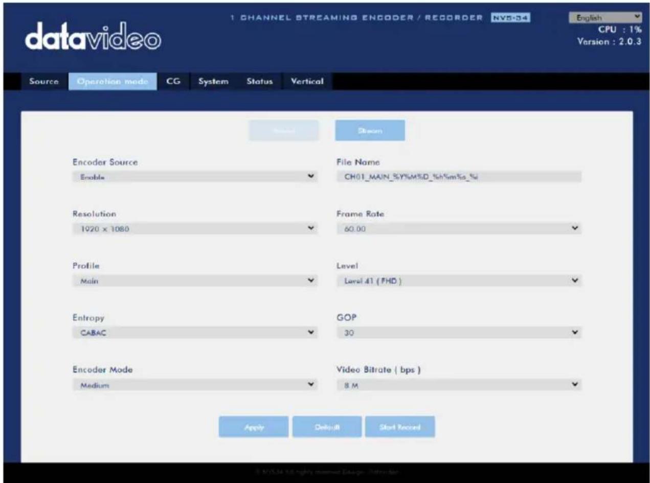 datavideo 1 CHANNEL STREAMING ENCODER / RECORDER NV5-34 English CPU : 1% Version : 2.0.3 Source Operation mode CG System Status Vertical Encoder Source Enable File Name CH01_MAIN_SY%M%D_%h%m%s_% Resolution 1920 x 1080 Frame Rate 60.00 Profile Main Level Level 41 ( PHD ) Entropy CABAC GOP 30 Encoder Mode Medium Video Bitrate ( bps ) 8 M Apply Delphi Start Record © MSJIA 6.6 rights reserved. Data - Introduction