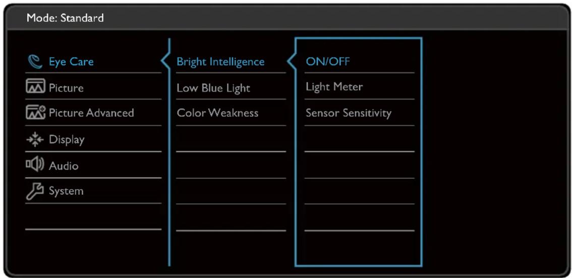 Mode: Standard Eye Care Picture Picture Advanced Display Audio System Bright Intelligence Low Blue Light Color Weakness ON/OFF Light Meter Sensor Sensitivity