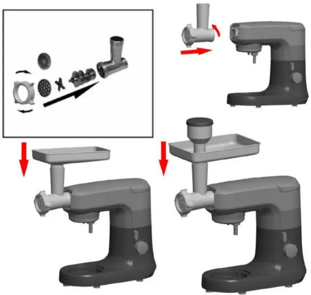 Diagram illustrating the step-by-step assembly of a kitchen mixer, showing component disassembly and rotation.