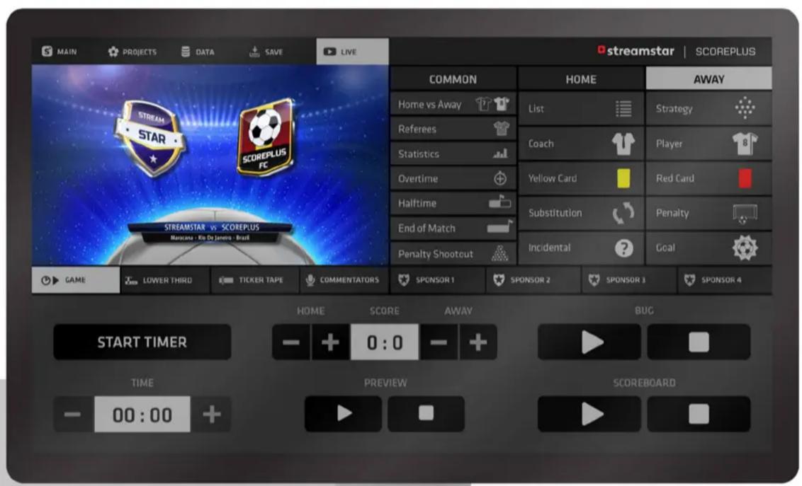 MAIN PROJECTS DATA SAVE LIVE streamstar | SCOREPLUS COMMON HOME AWAY Home vs Away List Strategy Referees Coach Player Statistics Overtime Yellow Card Red Card Halftime Substitution Penalty End of Match Incidental Goal Penalty Shootout GAME LOWER THIRD TICKER TAPE COMMENTATORS SPONSOR 1 SPONSOR 2 SPONSOR 3 SPONSOR 4 HOME SCORE AWAY BUG START TIMER - + 0:0 - + TIME PREVIEW SCOREBOARD - 00:00 +