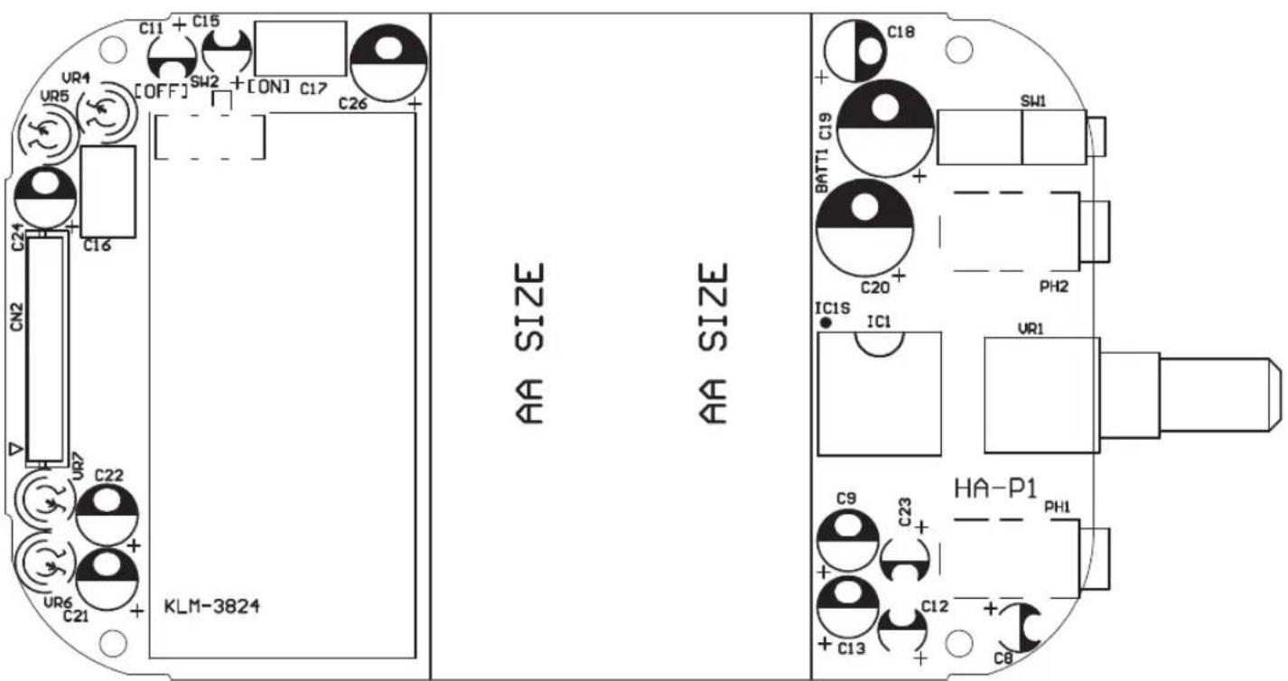 C11 + C15 UR4 UR5 [OFF] SH2 + [ON] C17 C26 C24 CN2 CN6 C22 KLM-3824 AA SIZE AA SIZE C18 + SW1 BATT1 C19 C20 + PH2 IC1S IC1 UR1 C9 C23 + HA-P1 PH1 C12 + C13 + C8
