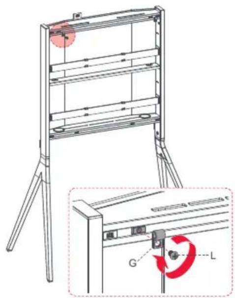 Technical diagram of a mechanical assembly with labeled components including a red circular component and a red circular arrow indicating rotation.