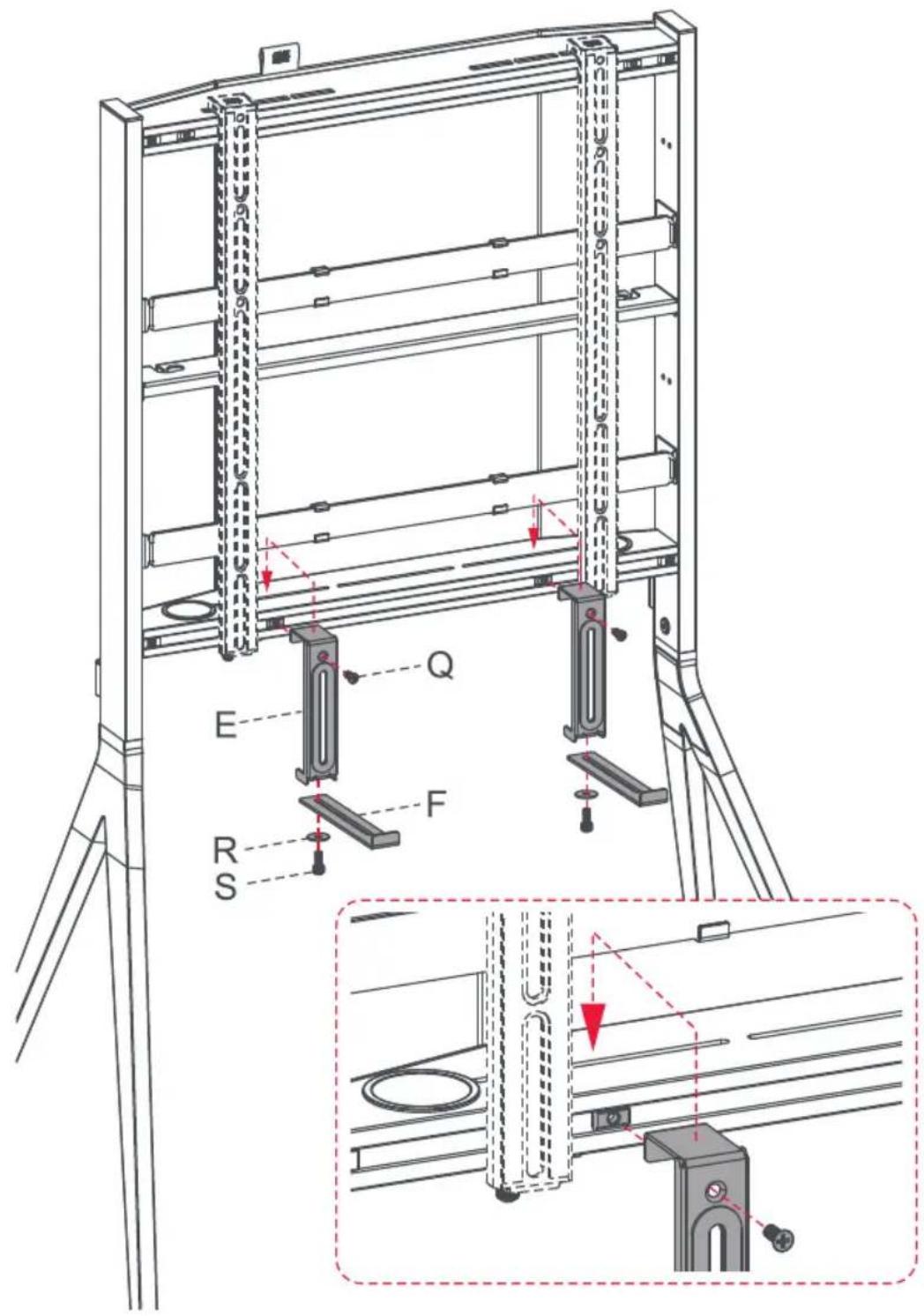 Technical diagram of a server rack with labeled components and structural details, including mounting points E, F, R, S and load indicators Q, with an inset showing internal wiring connections.
