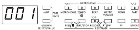 001 +/UP PART MUTE -/DOWN SELECT/VALUE METRONOME TEMPO BEAT METRO VOLUME SONG PART RESET 8 PART/SOP RECORDS 7 JEW RECORDER FF REPEAT