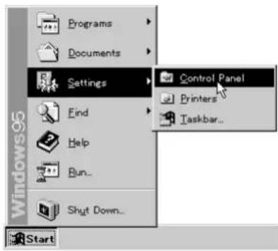 Windows 95 Settings Find Help Run... Shut Down... Start Control Panel Printers Taskbar...