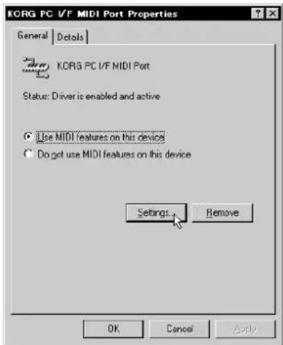KORG PC I/F MIDI Port Properties General Details KORG PC I/F MIDI Port Status: Driver is enabled and active Use MIDI features on this device Do not use MIDI features on this device Settings Remove OK Cancel Apply
