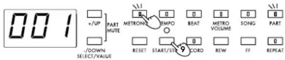 001 +/UP PART MUTE -METRONG EMPO BEAT METRO VOLUME SONG PART -/DOWN SELECT/VALUE RESET START/STICK CORD REW FF REPEAT