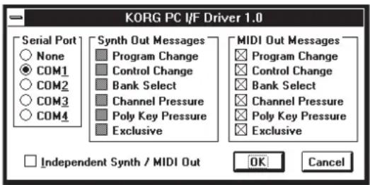KORG PC I/F Driver 1.0 Serial Port None COM1 COM2 COM3 COM4 Synth Out Messages Program Change Control Change Bank Select Channel Pressure Poly Key Pressure Exclusive MIDI Out Messages Program Change Control Change Bank Select Channel Pressure Poly Key Pressure Exclusive Independent Synth / MIDI Out OK Cancel