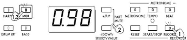 HARP MIDI DRUM KIT BASS 0.98 +/UP PART MUTE - /DOWN SELECT/VALUE 2 METRONOME O O O METRONOME TEMPO BEAT RESET START/STOP RECORD REORDER 1