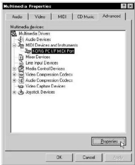Multimedia Properties Audio Video MIDI CD Music Advanced Multimedia devices: Multimedia Drivers Audio Devices MIDI Devices and Instruments KORG PC I/F MIDI Port Mixed Devices Line Input Devices Media Control Devices Video Compression Codes Audio Compression Codes Video Capture Devices Joystick Devices Properties OK Cancel Apply