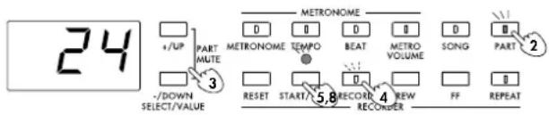 24 +/UP PART MUTE 3 -/DOWN SELECT/VALUE METRONOME 0 0 0 0 METRONOME TEMPO BEAT METRO VOLUME SONG PART 0 0 0 RESET START/ 5.8 RECORD RECORDER 4 NEW FF REPEAT 2