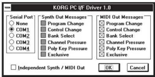 KORG PC I/F Driver 1.0 Serial Port None COM1 COM2 COM3 COM4 Synth Out Messages Program Change Control Change Bank Select Channel Pressure Poly Key Pressure Exclusive MIDI Out Messages Program Change Control Change Bank Select Channel Pressure Poly Key Pressure Exclusive Independent Synth / MIDI Out OK Cancel