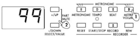 99 +/UP PART MUTE 2 -/DOWN SELECT/VALUE METRONOME B D METRONOME TEMPO O BEAT 1 RESET START/STOP RECORD REW RECORDER