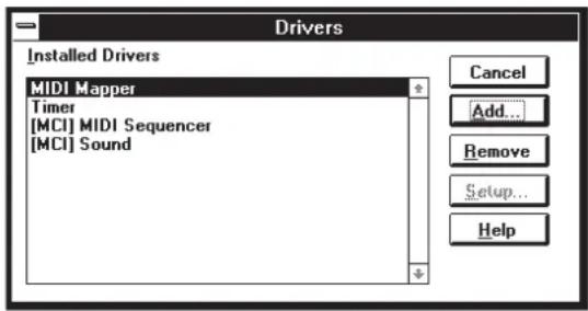 Drivers Installed Drivers MIDI Mapper Timer [MCI] MIDI Sequencer [MCI] Sound Cancel Add... Remove Setup... Help
