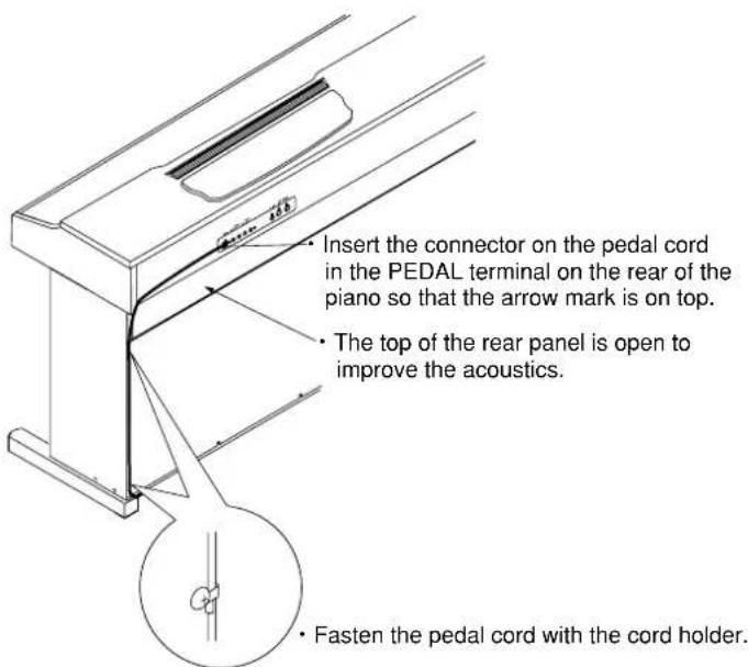 Insert the connector on the pedal cord in the PEDAL terminal on the rear of the piano so that the arrow mark is on top. The top of the rear panel is open to improve the acoustics. Fasten the pedal cord with the cord holder.