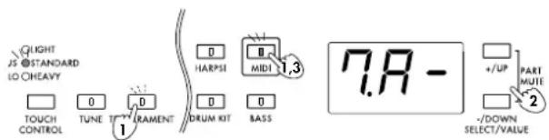 LIGHT J5 STANDARD LO CHEAVY TOUCH CONTROL TUNE TUR RAMENT HARPSI MIDI DRUM KIT BASS 7.8 - +/UP PART MUTE 2 -/DOWN SELECT/VALUE