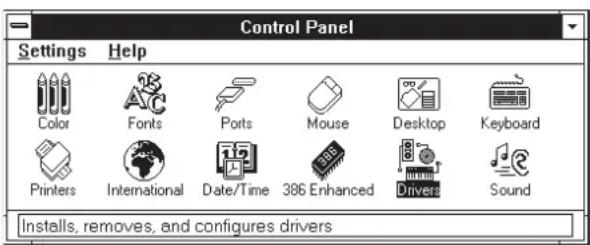Control Panel Settings Help Color Fonts Ports Mouse Desktop Keyboard Printers International Data/Time 386 Enhanced Drivers Sound Installs, removes, and configures drivers