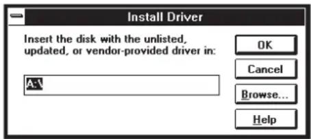 Install Driver Insert the disk with the unlisted, updated, or vendor-provided driver in: A:1 OK Cancel Browse... Help