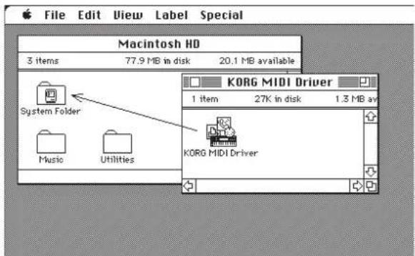 File Edit View Label Special Macintosh HD 3 items 77.9 MB in disk 20.1 MB available KORG MIDI Driver 1 item 27K in disk 1.3 MB av System Folder Music Utilities KORG MIDI Driver