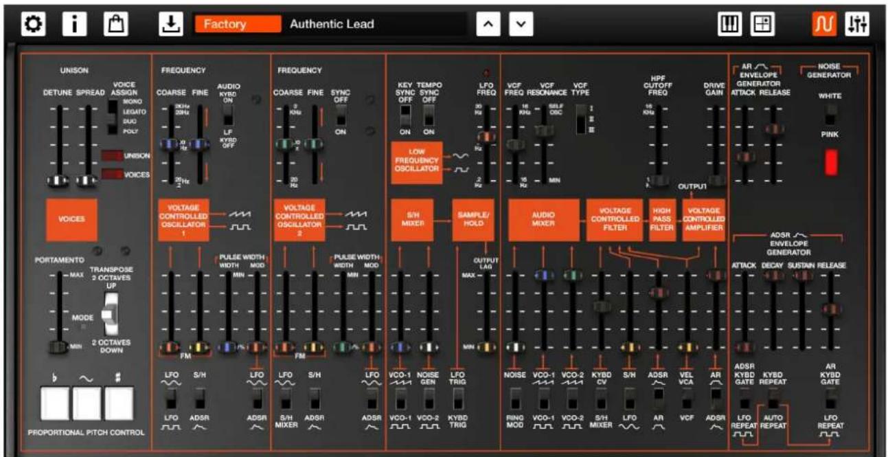 Factory Authentic Lead UNISON DETUNE SPREAD VOICE ASSIGN MONO LEGATO DUC POLY UNISON VOICES VOCES PORTAMENTO MAX TRANSPOSE 2 OCTAVES UP MODE 2 OCTAVES DOWN PROPORTIONAL PITCH CONTROL FREQUENCY COARSE FINE AUDIO KYBD ON 30Hz 20Hz LF KYBD OFF 20Hz VOLTAGE CONTROLLED OSCILLATOR 1 PULSE WIDTH WIDTH MOD FM LFO S/H LFO S/H LFO VCO-1 NOISE LFO VCO-1 VCO-2 KYBD TRIG LFO ADSR ADSR S/H MIXER ADSR ADSR VCO-1 VCO-2 KYBD TRIG FREQUENCY COARSE FINE SYNC OFF ON 30Hz ON 20Hz ON VOLTAGE CONTROLLED OSCILLATOR 2 S/H MIXER SAMPLE/ HOLD OUTPUT LAB MAX KEY TEMPO SYNC OFF ON 30Hz ON LOW FREQUENCY OSCILLATOR S/O MEXER AUDIO MIXER VOLTAGE CONTROLLED FILTER HIGH PASS FILTER VOLTAGE CONTROLLED AMPLIFIER VCF FREQ RESONANCE TYPE HPF CUTOFF FREQ DRIVE GAIN AR ENVELOPE GENERATOR ATTACK RELEASE NOISE GENERATOR WHITE PINK OUTPUT 16 kHz SELF DISC 1 1 16 kHz MIN 16 kHz MIN 16 kHz MIN 16 kHz MIN 16 kHz MIN 16 kHz MIN 16 kHz MIN 16 kHz MIN 16 kHz MIN 16 kHz MIN 16 kHz MIN 16 kHz MIN 16 kHz MIN 16 kHz MIN 16 kHz MIN 16 kHz MIN 16 kHz MIN 16 kHz MIN 16 kHz MIN 16 kHz MIN 16 kHz PINK ADSR ENVELOPE GENERATOR ATTACK DECAY SUSTAIN RELEASE ADSR KYBD GATE KYBD REPEAT AR KYBD GATE LFO REPEAT AUTO REPEAT LFO REPEAT