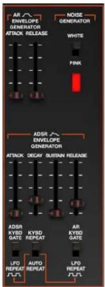 AR ENVELOPE GENERATOR ATTACK RELEASE NOISE GENERATOR WHITE PINK ADSR ENVELOPE GENERATOR ATTACK DECAY SUSTAIN RELEASE ADSR KYBD GATE KYBD REPEAT AR KYBD GATE LFO REPEAT AUTO REPEAT LFO REPEAT