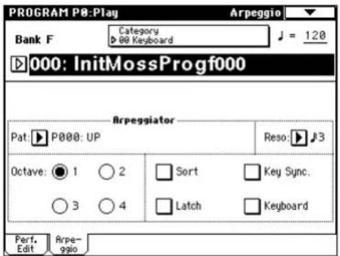 PROGRAM P8:Play Arpeggio Category D 00 Keyboard Bank F J = 120 000: InitMossProg000 Arpeggiator Pat: P000: UP Reso: J3 Octave: 1 2 Sort Key Sync. 3 4 Latch Keyboard Perf Edit Arpe- ggio