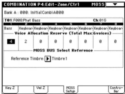 COMBINATION P4:Edit-Zone/Ctrl MOSS Bank A : 000: InitialCombiA000 T01:F008:Phat Bass Ch:01G Bass Keyboard Keyboard Keyboard Keyboard Keyboard Keyboard Keyboard Voice Allocation Reserve (Total Max:6voices) 4 2 0 0 0 0 0 0 MOSS BUS Select Reference Reference Timbre: Timbre1 Key Z Vel Z MOSS Setup Controller