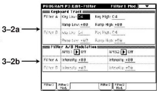 PROGRAM P3:Edit-Filter Filter1 Mod. Keyboard Track Filter A Key Low: C4 Key High: C4 Ramp Lev: +00 Ramp High: +00 Filter B Max Low: C4 Key High: C4 Ramp Lev: +00 Ramp High: +00 Filter A/B Modulation ARTS1 OTT AM52 OTT Filter A Intensity: +00 Intensity: +00 Filter B Intensity: +00 Intensity: +00 Filter1 Filter1 Filter2 Filter2 Mod. Mod.
