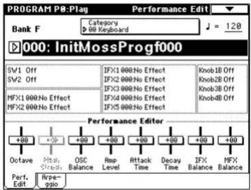PROGRAM PB:Plag Category D 00 Keyboard Bank F 120 000: InitMossProgf000 SV1 Off SV2 Off MFX1 000:No Effect MFX2 000:No Effect IFX1 000:No Effect IFX2 000:No Effect IFX3 000:No Effect IFX4 000:No Effect IFX5 000:No Effect Knob1B Off Knob2B Off Knob3B Off Knob4B Off Performance Editor +00 -00 +00 +00 +00 +00 +00 +00 Octave Price OSC Rmp Attack Decay IFX IFMX Balance Balance Level Time Time Balance Balance Rpe- Edit Arpe- ggio