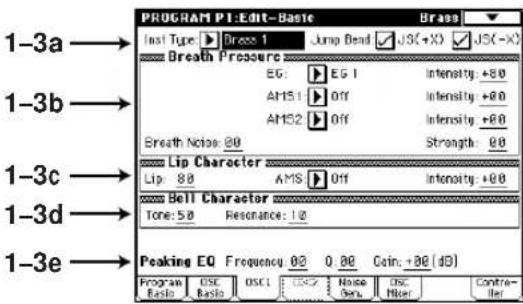 PROGRAM PT:Edit-Baste Brass Inst Type: Brass 1 Jump Bend JSC(+X) JSC(-X) Breath Pressure EG: EG 1 Intensity: +80 AH51 Off Intensity: +80 AH52 Off Intensity: +80 Breath Noise: @0 Strength: @0 Lip Character Lip: 88 AMS Off Intensity: +80 Bell Character Tone: 50 Resonance: 10 Peaking EQ Frequency 02 0.80 Coin: +80 (dB) Program Basic OSC Basic OSC1 CESC Noise Gain DSC Filter Contre- Iter