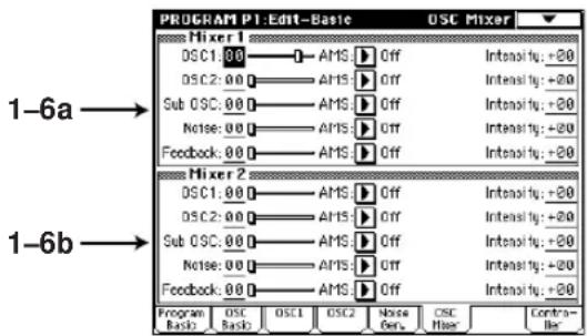 PROGRAM PI -Edit-Basic OSC Mixer Mixer 1 DSC1:00 → AMS ▶ Off Intensify: +20 DSC2:00 → AMS ▶ Off Intensify: +20 Sub OSC:00 → AMS ▶ Off Intensify: +20 Noise:00 → AMS ▶ Off Intensify: +20 Feedback:00 → AMS ▶ Off Intensify: +20 Mixer 2 DSC1:00 → AMS ▶ Off Intensify: +20 DSC2:00 → AMS ▶ Off Intensify: +20 Sub OSC:00 → AMS ▶ Off Intensify: +20 Noise:00 → AMS ▶ Off Intensify: +20 Feedback:00 → AMS ▶ Off Intensify: +20 Program Basic OSC BASL OSC1 OSC2 Noise Ctrl CSC Filter Contra- 1-6a → 1-6b →