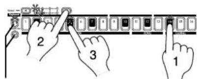 Diagram showing three hands interacting with a keyboard, labeled 1, 2, and 3 for typing or editing instructions.