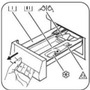 Diagram of a device with labeled parts and directional arrows indicating movement or assembly