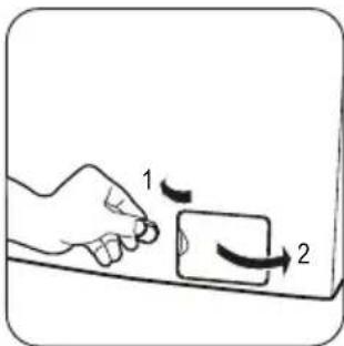 Diagram showing a hand pressing a button on a device with two curved arrows indicating rotation or movement.