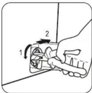 Diagram showing a hand holding a switch with labeled parts 1 and 2, indicating a mechanical or electrical component.