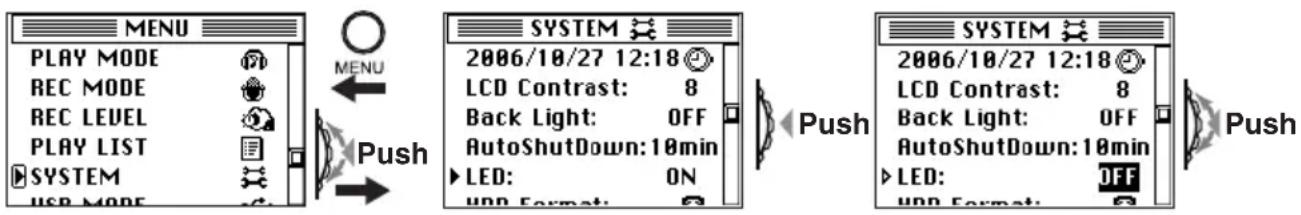 MENU PLAY MODE REC MODE REC LEVEL PLAY LIST SYSTEM USB MODE MENU Push SYSTEM 2006/10/27 12:18 LCD Contrast: 8 Back Light: OFF AutoShutdown: 10min LED: ON HDD Format: Push SYSTEM 2006/10/27 12:18 LCD Contrast: 8 Back Light: OFF AutoShutdown: 10min LED: OFF HDD Format: