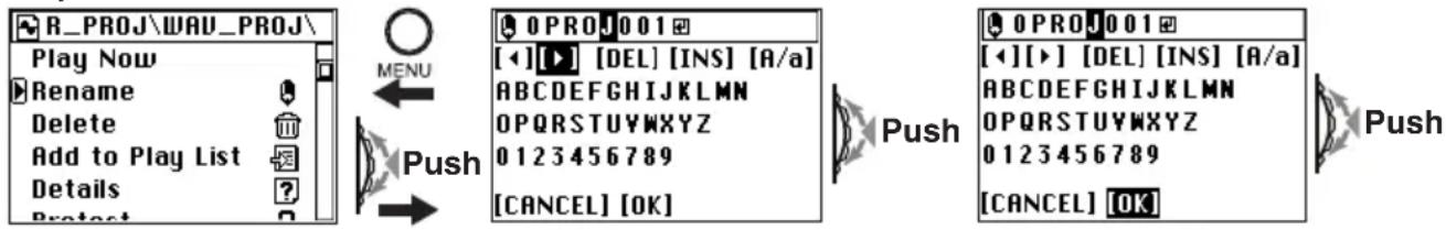 R_PROJ\WAU_PROJ\ Play Now Rename Delete Add to Play List Details Protect MENU Push 0 PROJ 0 01 [◀][▶] [DEL] [INS] [A/a] ABCDEFGHIJKLMNOPQRSTUVWXYZ 0123456789 [CANCEL] [OK] Push 0 PROJ 0 01 [◀][▶] [DEL] [INS] [A/a] ABCDEFGHIJKLMNOPQRSTUVWXYZ OPQRSTUYWXYZ 0123456789 [CANCEL] [OK] Push