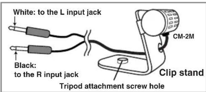 White: to the L input jack Black: to the R input jack Tripod attachment screw hole CM-2M Clip stand
